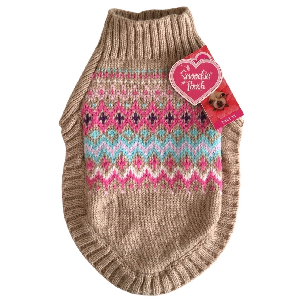Smoochie Pooch Dog Sweater Size S Fair Isle Knit Oatmeal Poncho Pet Clothing